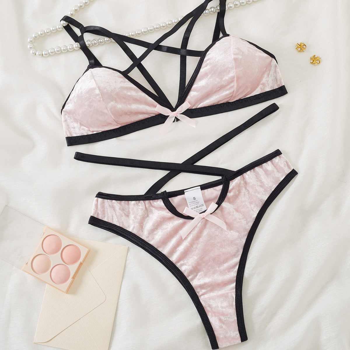Image of Cross-border pink velvet contrast sweet and spicy cross belt erotic underwear cover sexy and comfortable wire-free three-point set